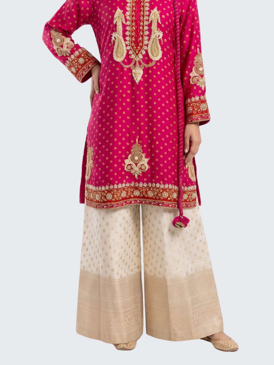 Pink Raw Silk Shirt, Palazzo And Dupatta with Cutdana, Pearl and French Knot Embroidery 4